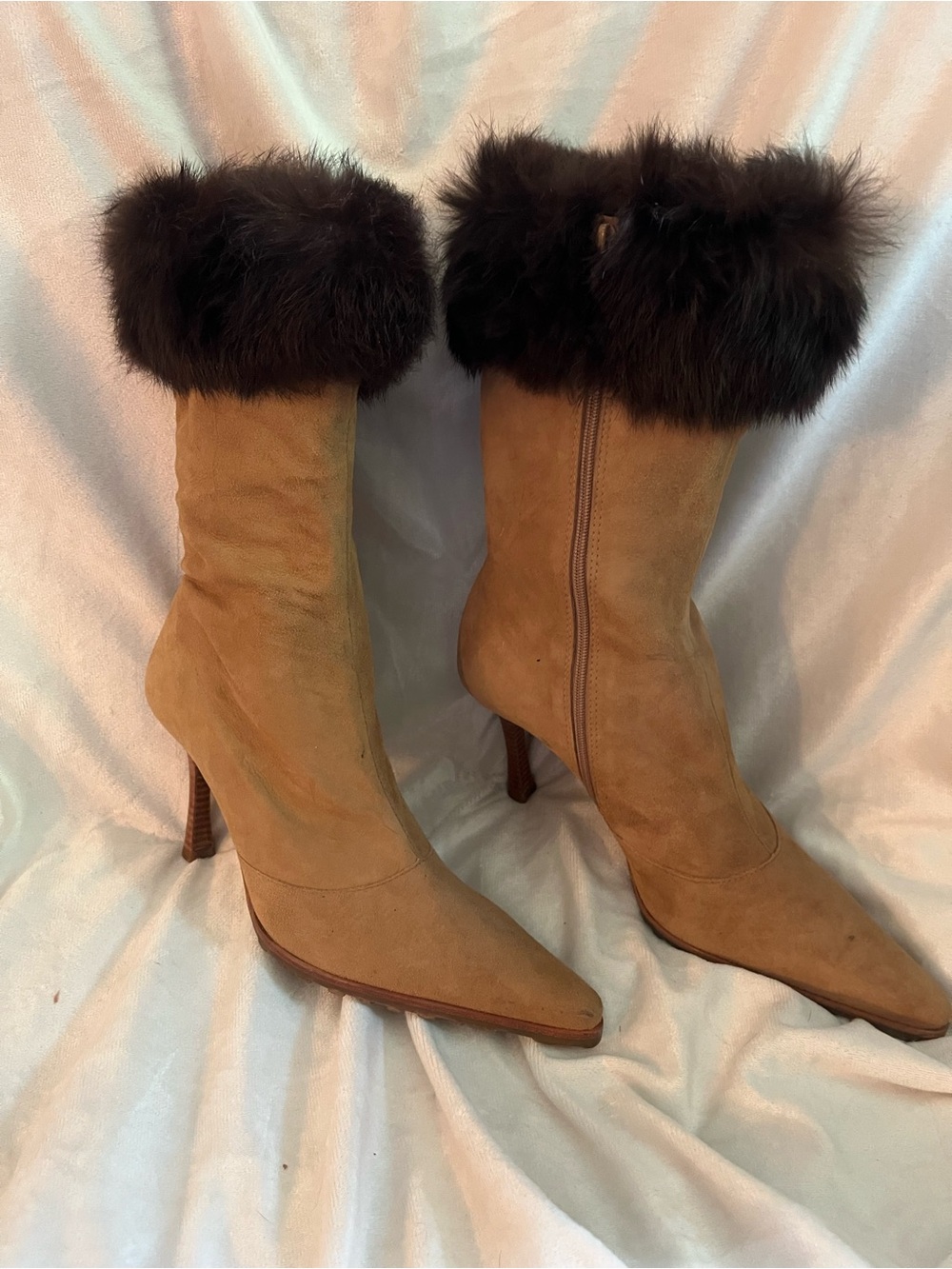 Made in Brazil Women’s Tan Suede Fur-Trim Stiletto Boots